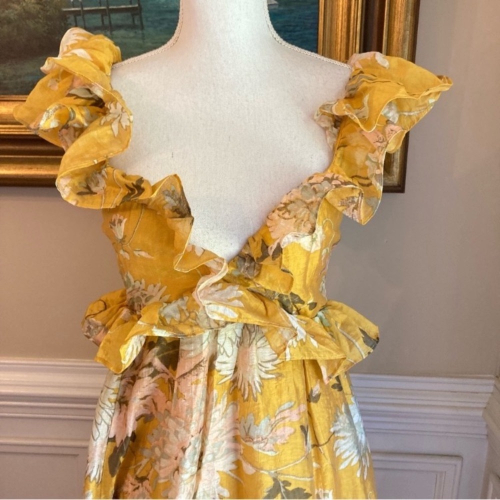 H&M Yellow Floral Ruffle Plunge Open Back Lyocell Midi Dress - Picture 2 of 15